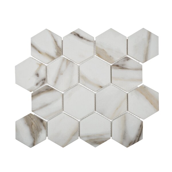 Apollo Tile Sample, Beige&White 2" Hexagon 10.2"X11.7" Recycled Glass Mosaic Tile - APLNNH9902CLEC36 SAMPLE
