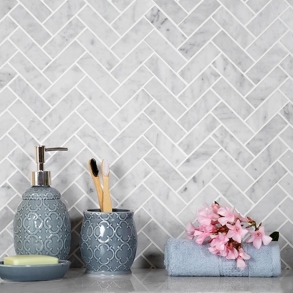 Apollo Tile Sample, 1X3 Honed Carrara Herringbone 12.8"x11.9" Marble Mosaic Tile - APLKB99H05PEC29 SAMPLE