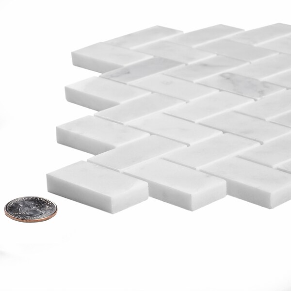 Apollo Tile Sample, 1X2 Polished Carrara Herringbone 11.8"X11.8" Mrbl Mosaic Tile - APLKB99H04PGEC28 SAMPLE