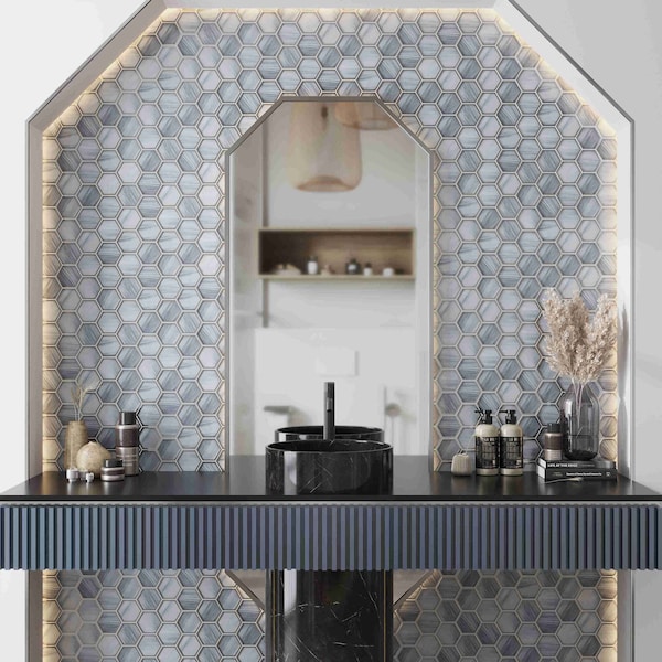 Apollo Tile 9x10 in. Matte Light Frost Blue Glass Mosaic Hexagon Wall and Floor Tile 3.28 sq ft/case, 5PK - APLSTR8807A