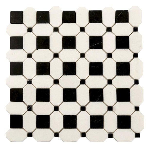 Apollo Tile 12x12 in. Polished Black, White Marble Octagon, Square Wall and Floor Tile 5.08 sq ft/case, 5PK - APLTX88S23A