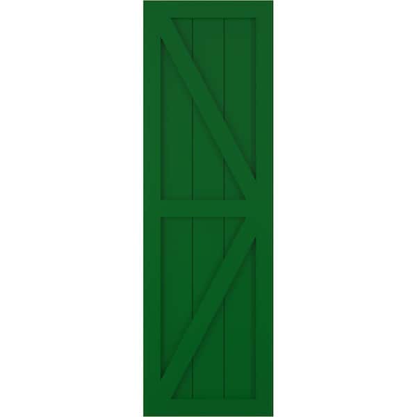 Ekena Millwork True Fit PVC Two Equal Panel Farmhouse Fixed Mount Shutters w/Z-Bar, Viridian Green, 12W x 57H, PR - TFP102FH12X057HG