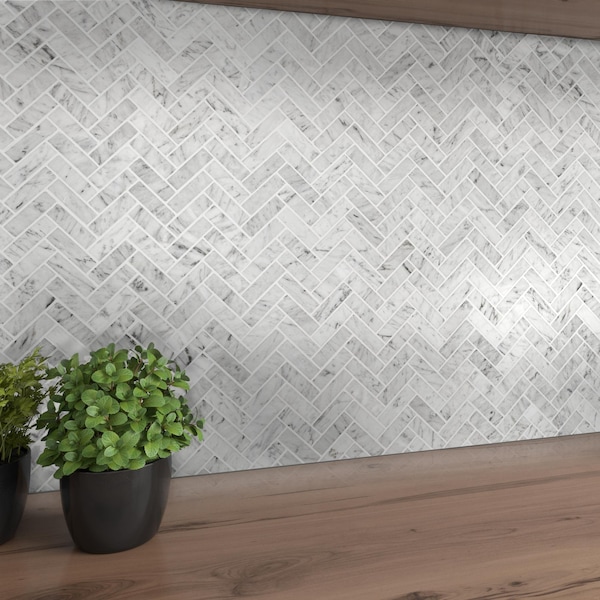 Msi Carrrara White Herringbone SAMPLE Polished Marble Mesh-Mounted Mosaic Tile - ZOR-MD-0351-SAM