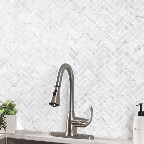 Msi Carrrara White Herringbone SAMPLE Polished Marble Mesh-Mounted Mosaic Tile - ZOR-MD-0351-SAM