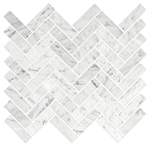 Msi Carrrara White Herringbone SAMPLE Polished Marble Mesh-Mounted Mosaic Tile - ZOR-MD-0351-SAM