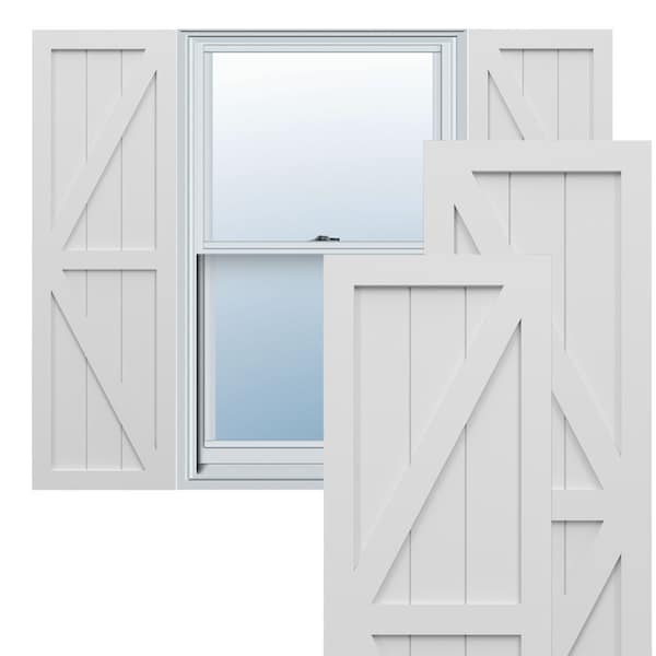 Ekena Millwork True Fit PVC Two Equal Panel Farmhouse Fixed Mount Shutters w/ Z-Bar, White , 15W x 58H, PR - TFP102FH15X058WH