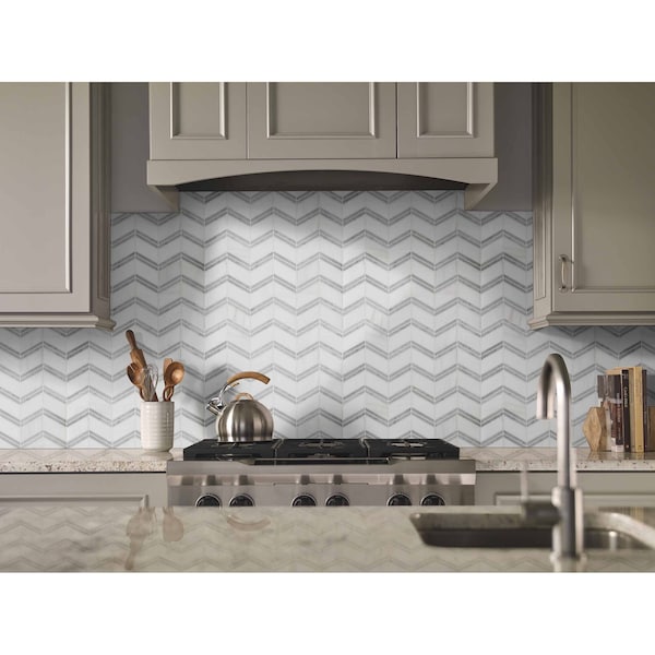 Msi Bianco Dolomite Chevron SAMPLE Polished Marble Mesh-Mounted Mosaic Tile - ZOR-MD-0161-SAM