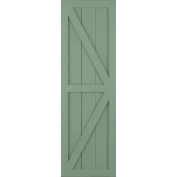 Ekena Millwork True Fit PVC Two Equal Panel Farmhouse Fixed Mount Shutters w/ Z-Bar, Track Green , 18W x 69H, PR - TFP102FH18X069TG