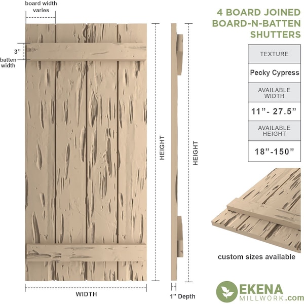 Ekena Millwork Rustic Four Board Joined Board-n-Batten Pecky Cypress Faux Wood Shutters, 22"W x 32"H - SHUBJS22X32PCPR