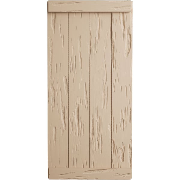 Ekena Millwork Rustic Four Board Joined Board-n-Batten Pecky Cypress Faux Wood Shutters w/End Batten, 22"W x 80"H - SHUBJE22X80PCPR