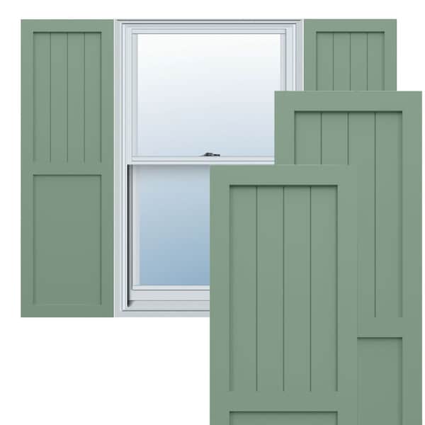 Ekena Millwork True Fit PVC Farmhouse/Flat Panel Combination Fixed Mount Shutters, Track Green, 18W x 58H, PR - TFP101FC18X058TG