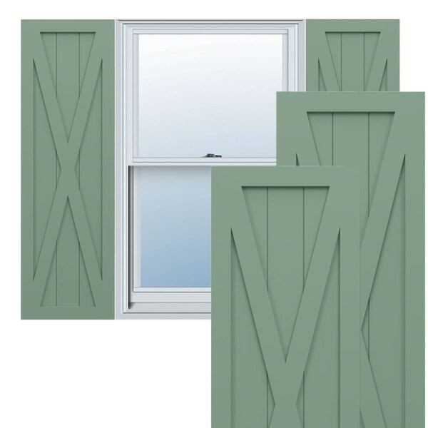 Ekena Millwork True Fit PVC Single X-Board Farmhouse Fixed Mount Shutters, Track Green, 18W x 62H, PR - TFP001FH18X062TG