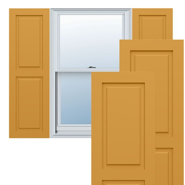 Ekena Millwork True Fit PVC, Two Equal Raised Panel Shutters, Turmeric, 18W x 48H, PR - TFP101RPF18X048TU