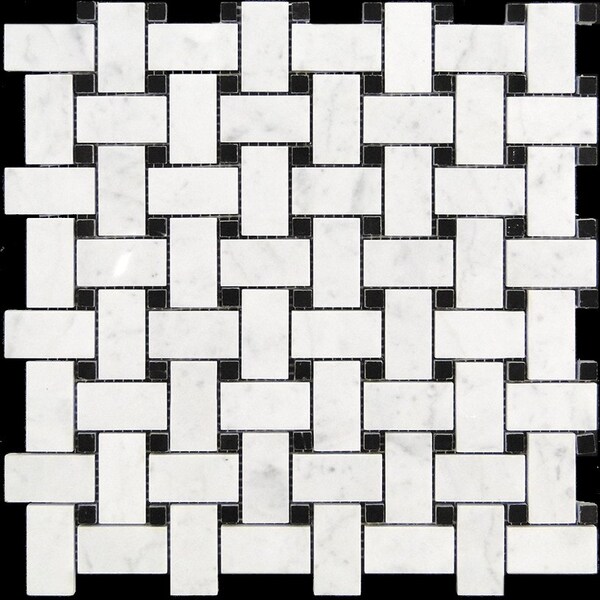 Apollo Tile Carrara White Bskt Weave W/Black Dots 5 sq.ft 12 in. X12 in. Mrbl Msic Tile, 5PK - APLKB99B04GEC23