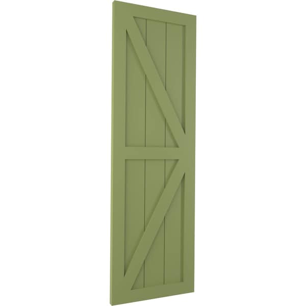 Ekena Millwork True Fit PVC Two Equal Panel Farmhouse Fixed Mount Shutters w/ Z-Bar, Moss Green , 12W x 47H, PR - TFP102FH12X047MG