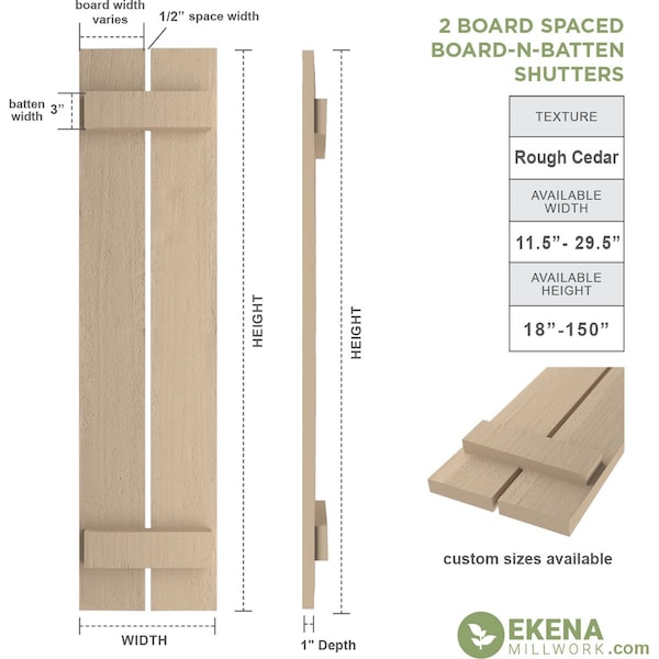 Ekena Millwork Rustic Two Board Spaced Board-n-Batten Rough Cedar Faux Wood Shutters, 11 1/2W x 40H, PR - SHUBSS11X40RCPR