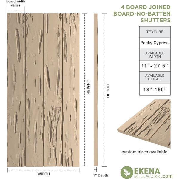 Ekena Millwork Rustic Four Board Joined Board-n-Batten Pecky Cypress Faux Wood Shutters w/No Batten, 22"W x 86"H - SHUBJN22X86PCPR