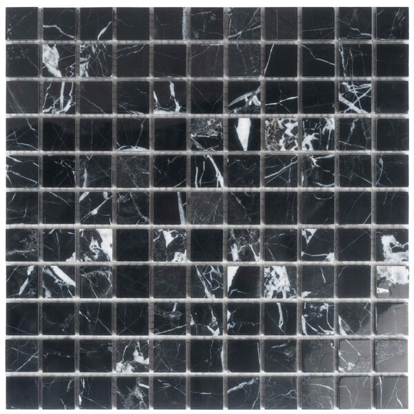Apollo Tile Vigoro 12 in. x 12 in. Polished Black Nero Marquina Mosaic Wall and Floor Tile, 5PK - APLTRK8832A