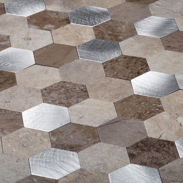 Apollo Tile Sample, 1.25" Silver & Beige Hexagon 11.25"X11.25" Peel & Stick Tile - TCPLST9906 SAMPLE