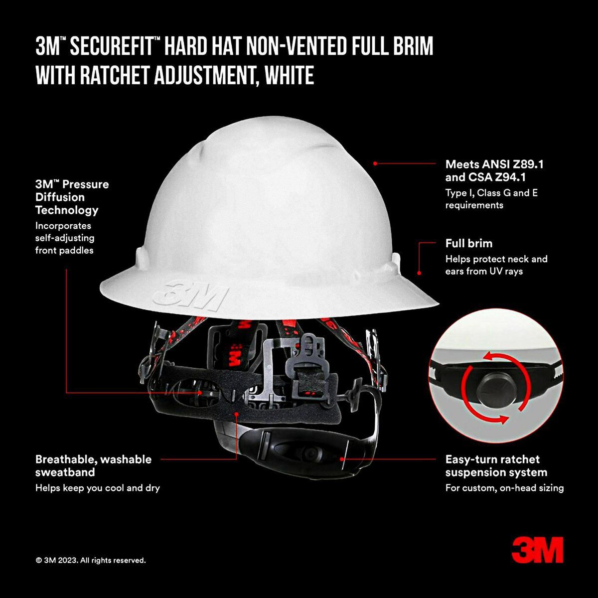 Casco duro de borde completo 3M SecureFit™ con ajuste de trinquete, blanco - 70936