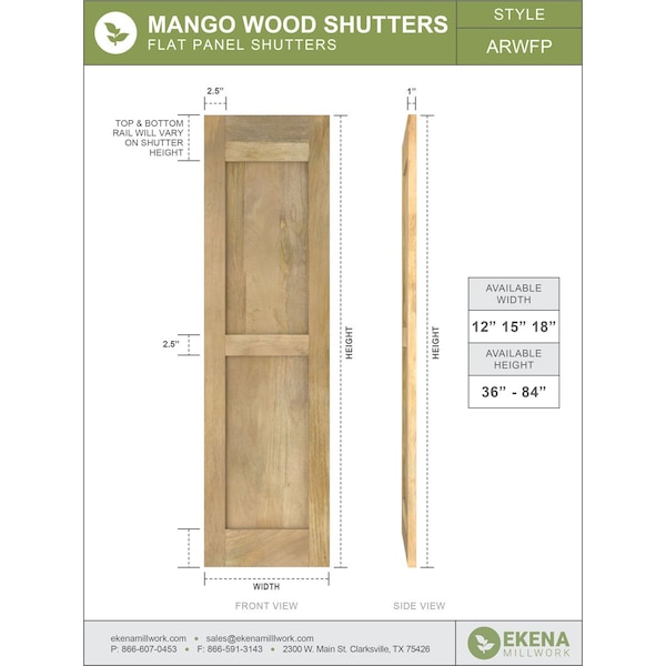 Ekena Millwork Americraft 2 Equal Flat Panel Exterior Real Wood Shutters, RW101FP18X59UNH, PR - RW101FP18X59UNH