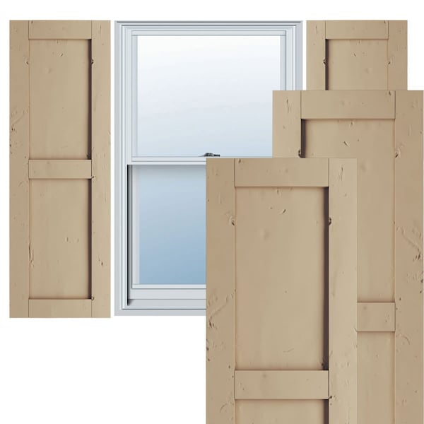 Ekena Millwork Rustic Two Equal Panel Flat Panel Knotty Pine Faux Wood Shutters (Per Pair), Primed Tan, 12"W x 50"H - SHUFP12X50KPPR