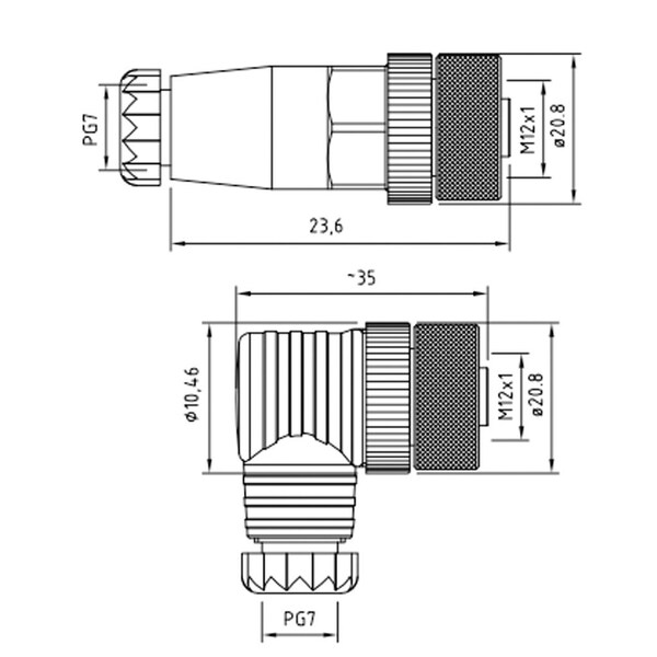 Conector M12, con código A, 12 pines, 30V, 1.5 amperes, conector hembra recto, carcasa de PA66 UL94-V2, PG7 - 12FC12000.