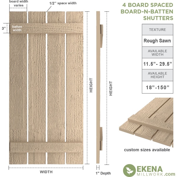 Ekena Millwork Rustic Four Board Spaced Board-n-Batten Rough Sawn Faux Wood Shutters, 23 1/2W x 84H, PR - SHUBSS23X84RSPR