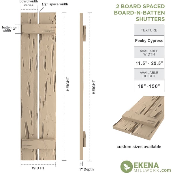 Ekena Millwork Rustic Two Board Spaced Board-n-Batten Pecky Cypress Faux Wood Shutters, 11 1/2"W x 52"H - SHUBSS11X52PCPR