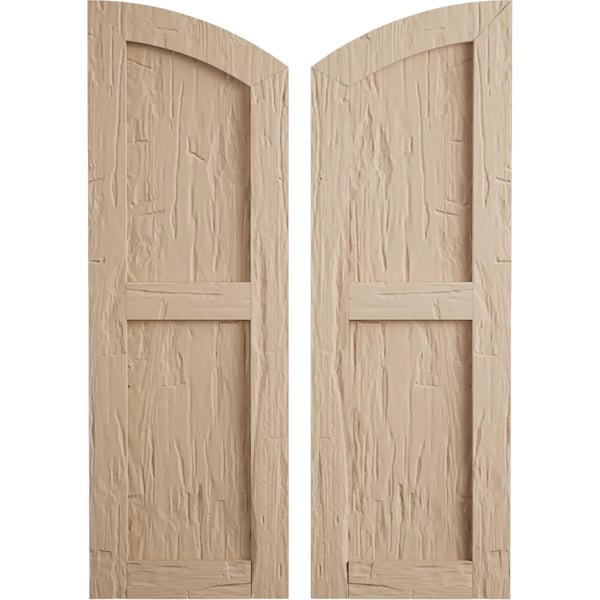 Ekena Millwork Hand Hewn 2 Equal Flat Panel w/Elliptical Top Faux Wood Shutters, 15W x 30H 25 Low Side, PR - SHUFPL15X30HHPR