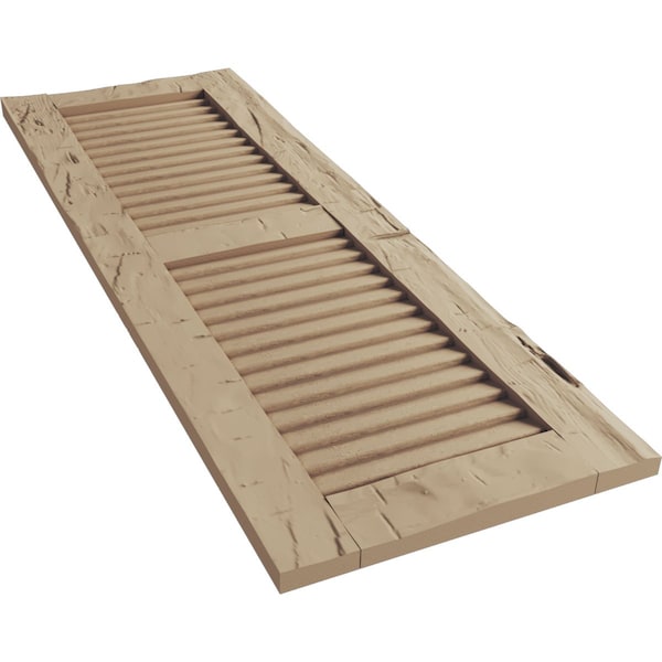 Ekena Millwork Rustic Two Equal Louver Hand Hewn Faux Wood Shutters (Per Pair), Primed Tan, 15"W x 70"H - SHULV15X70HHPR