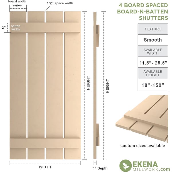 Ekena Millwork Rustic Four Board Spaced Board-n-Batten Smooth Faux Wood Shutters, 23 1/2W x 36H, PR - SHUBSS23X36SMPR