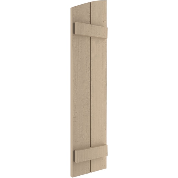 Ekena Millwork Rough Cedar 2 Board Joined Board-n-Batten w/Elliptical Top Faux Wood Shutters, 11W x 24H, PR - SHUBJL11X24RCPR