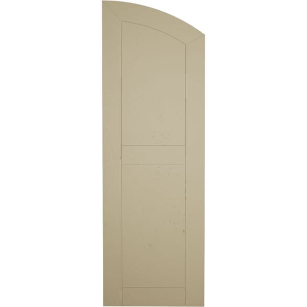 Ekena Millwork Pecky Cypress 2 Equal Flat Panel w/Elliptical Top Faux Wood Shutters, 18"W x 40"H (34" Low Side) - SHUFPL18X40PCPR