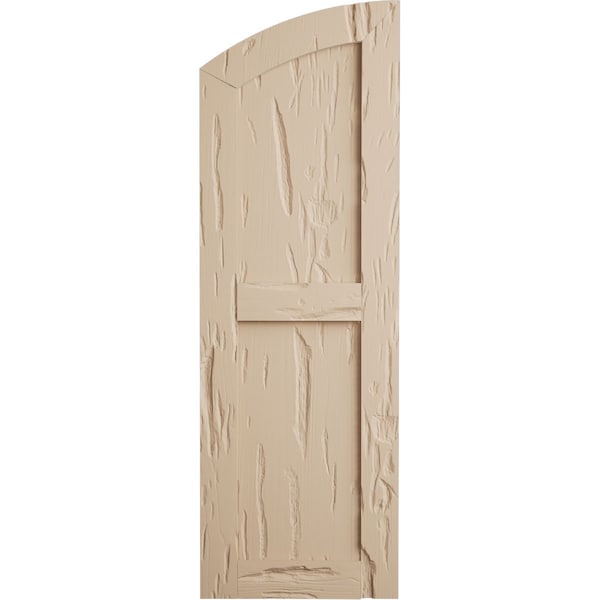 Ekena Millwork Pecky Cypress 2 Equal Flat Panel w/Elliptical Top Faux Wood Shutters, 18"W x 40"H (34" Low Side) - SHUFPL18X40PCPR