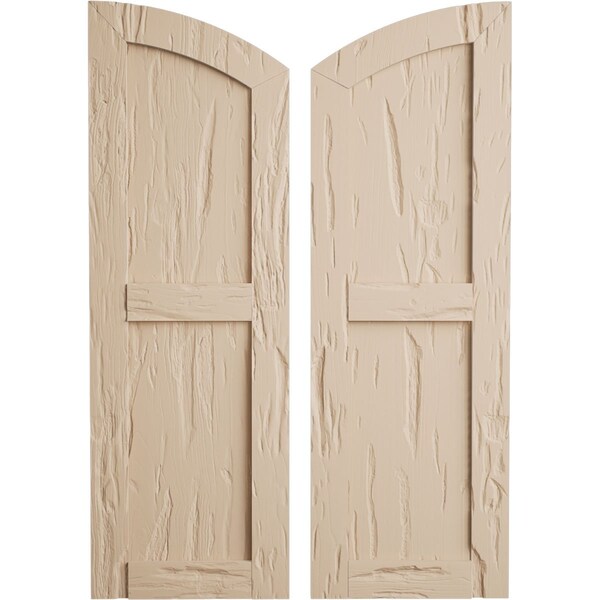 Ekena Millwork Pecky Cypress 2 Equal Flat Panel w/Elliptical Top Faux Wood Shutters, 18"W x 40"H (34" Low Side) - SHUFPL18X40PCPR