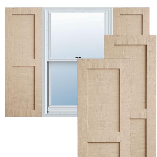Ekena Millwork Rustic Two Equal Panel Flat Panel Rough Cedar Faux Wood Shutters (Per Pair), Primed Tan, 12"W x 54"H - SHUFP12X54RCPR