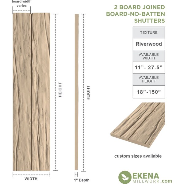 Ekena Millwork Rustic Two Board Joined Board-n-Batten Riverwood Faux Wood Shutters w/No Batten, 11W x 90H, PR - SHUBJN11X90RWPR