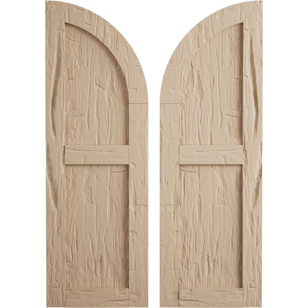 Ekena Millwork Hand Hewn 2 Equal Flat Panel w/Quarter Round Arch Top Faux Wood Shutters, 15W x 90H, 75 Low Side, PR - SHUFPQ15X90HHPR