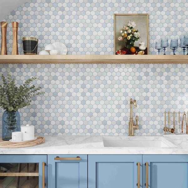 Apollo Tile 12x12 in. Polished White, Soft Blue Marble Hexagon Wall and Floor Tile 4.83 sq ft/case, 5PK - APLMKN8814A