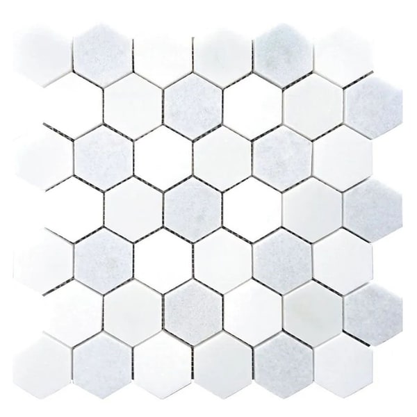 Apollo Tile 12x12 in. Polished White, Soft Blue Marble Hexagon Wall and Floor Tile 4.83 sq ft/case, 5PK - APLMKN8814A