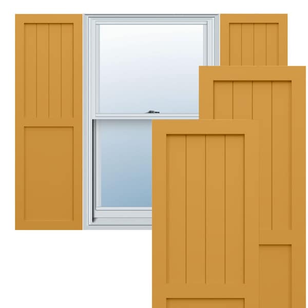 Ekena Millwork True Fit PVC Farmhouse/Flat Panel Combination Fixed Mount Shutters, Turmeric, 18W x 44H, PR - TFP101FC18X044TU