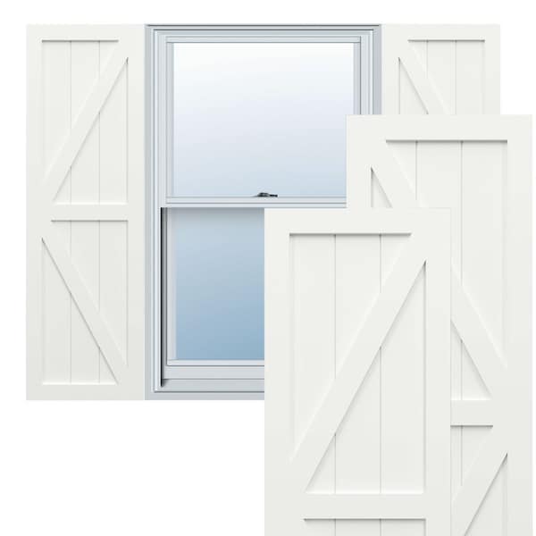 Ekena Millwork True Fit PVC Two Equal Panel Farmhouse Fixed Mount Shutters w/ Z-Bar, Unfinished , 18W x 55H, PR - TFP102FH18X055UN