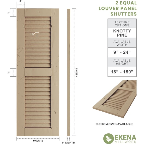 Ekena Millwork Rustic Two Equal Louver Knotty Pine Faux Wood Shutters (Per Pair), Primed Tan, 12"W x 42"H - SHULV12X42KPPR