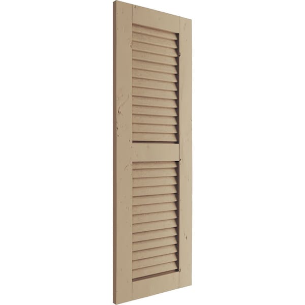 Ekena Millwork Rustic Two Equal Louver Knotty Pine Faux Wood Shutters (Per Pair), Primed Tan, 15"W x 52"H - SHULV15X52KPPR