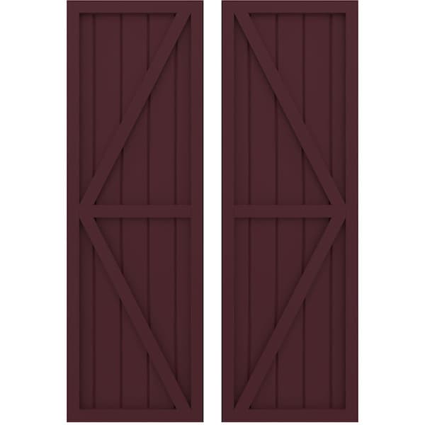 Ekena Millwork Americraft 5-Board Wood 2 Equal Panel Frmd Board-n-Batten Shutters w/Dubl Z-Bar, ARW102BF518X71WRH, PR - ARW102BF518X71WRH