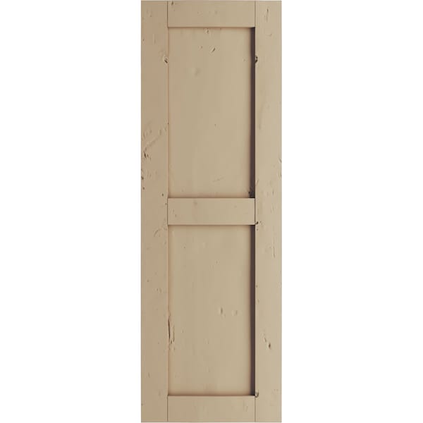 Ekena Millwork Rustic Two Equal Panel Flat Panel Knotty Pine Faux Wood Shutters (Per Pair), Primed Tan, 12"W x 58"H - SHUFP12X58KPPR