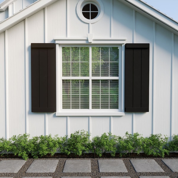 Ekena Millwork Rustic Three Board Joined Board-n-Batten Smooth Faux Wood Shutters w/End Batten, 16 1/2W x 32H, PR - SHUBJE16X32SMPR