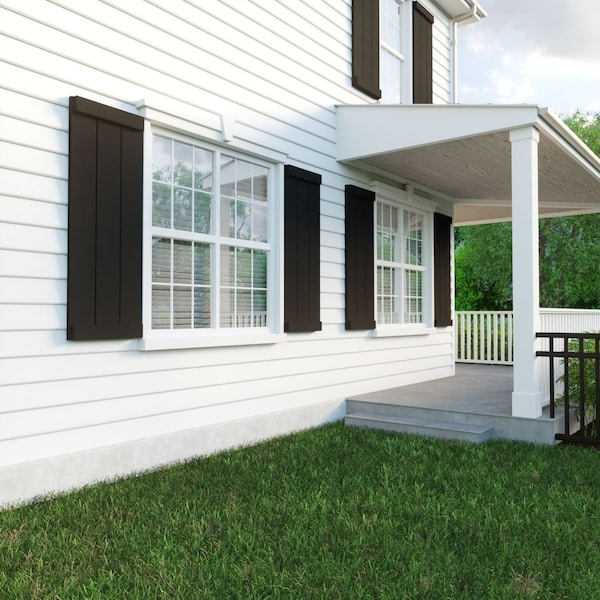 Ekena Millwork Rustic Three Board Joined Board-n-Batten Smooth Faux Wood Shutters w/End Batten, 16 1/2W x 32H, PR - SHUBJE16X32SMPR