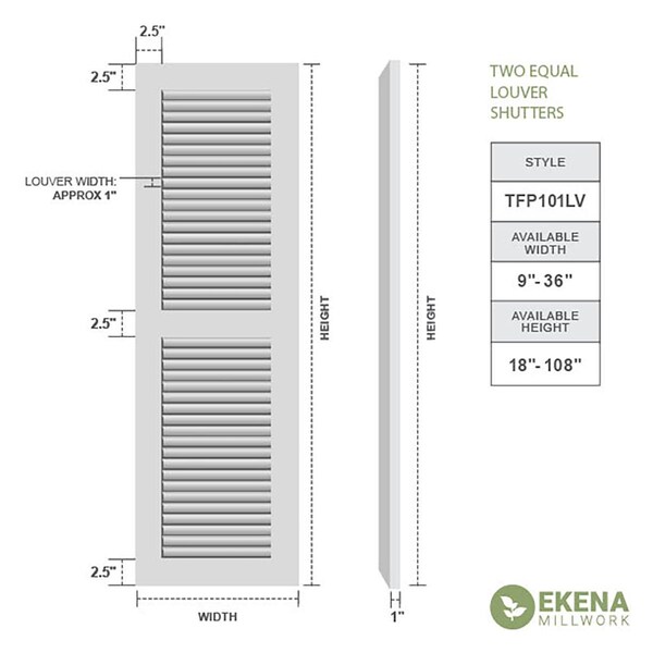 Ekena Millwork True Fit PVC Two Equal Louver Shutters, White, 12W x 76H, PR - TFP101LVF12X076WH